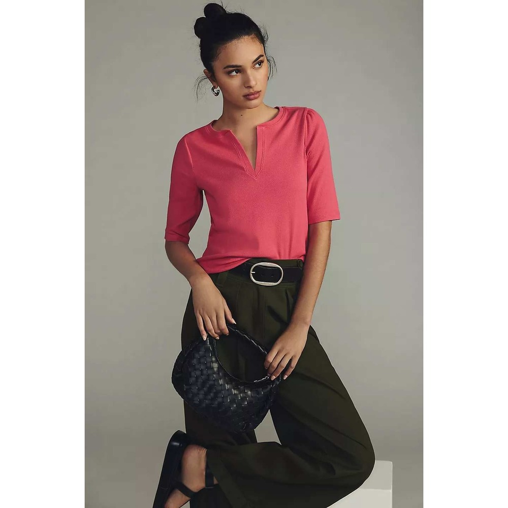 Maeve by Anthropologie Split-Neck Top in Pink Ribbed Cotton size small